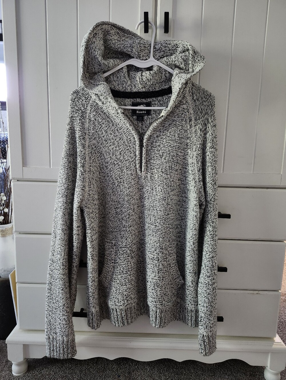 Roots Womens Cotton Hooded Quarter-Zip Sweater in Black & White Marled Sz L